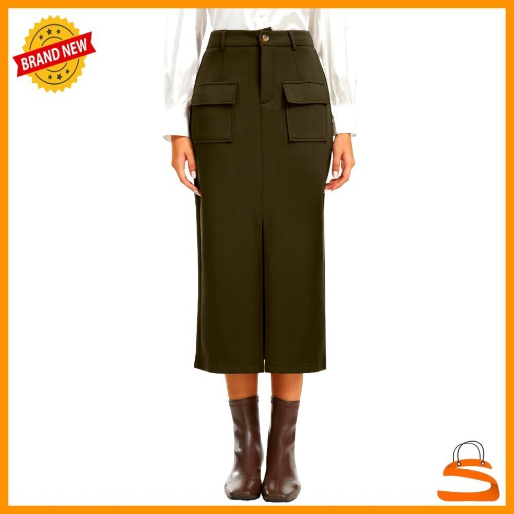 High Waist Cargo Pencil Skirt with Pockets, Slit, Stretch Fabric